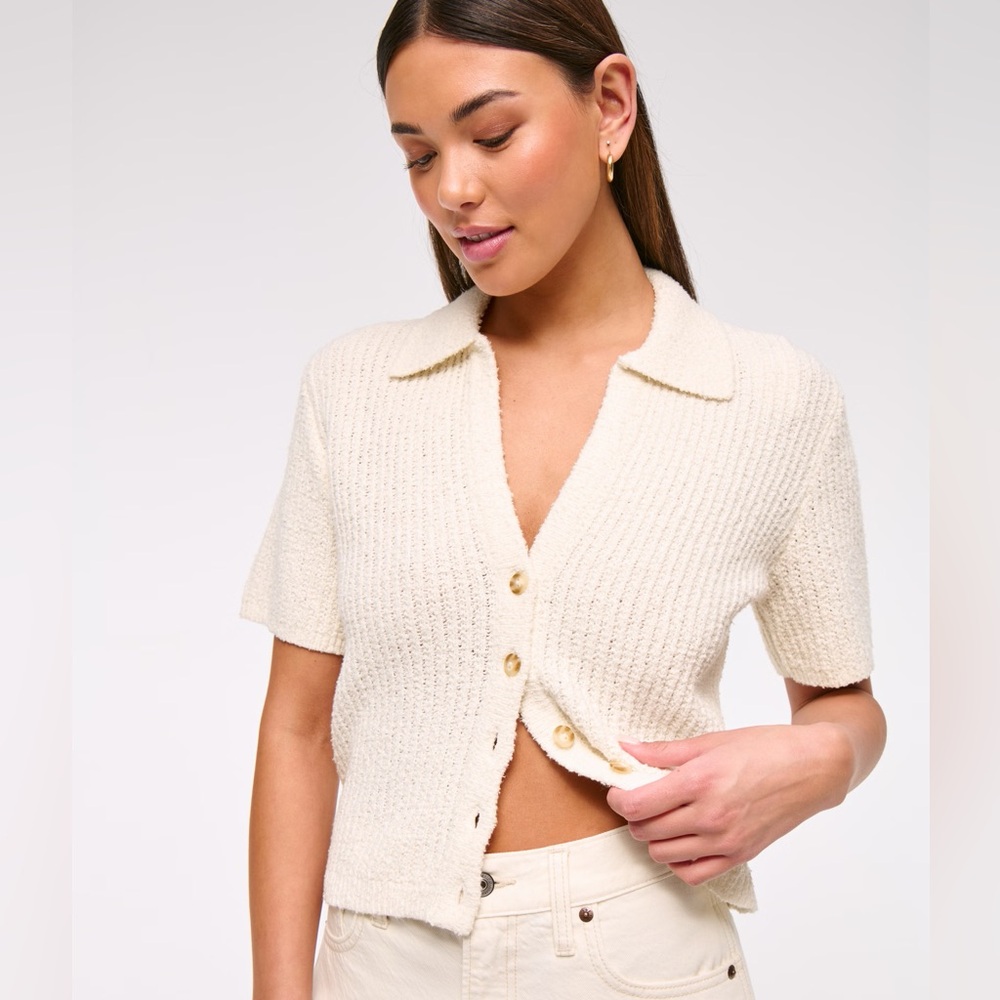 Abercrombie Cream Short Sleeve Crochet-Style Polo